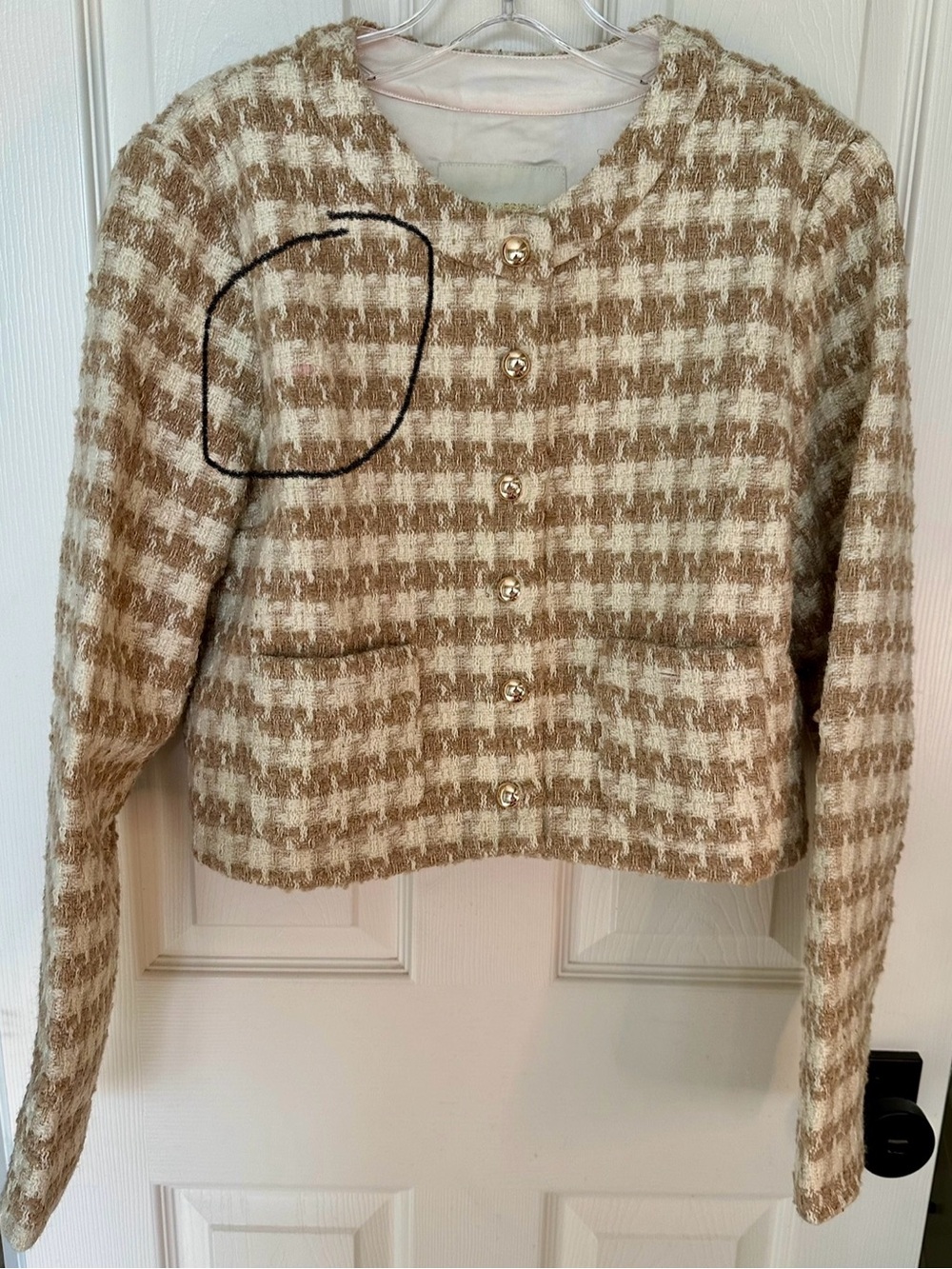 Amanda Uprichard Cream & Tan Houndstooth Lady Jacket Size L $209 *Flaw* - Picture 10 of 10